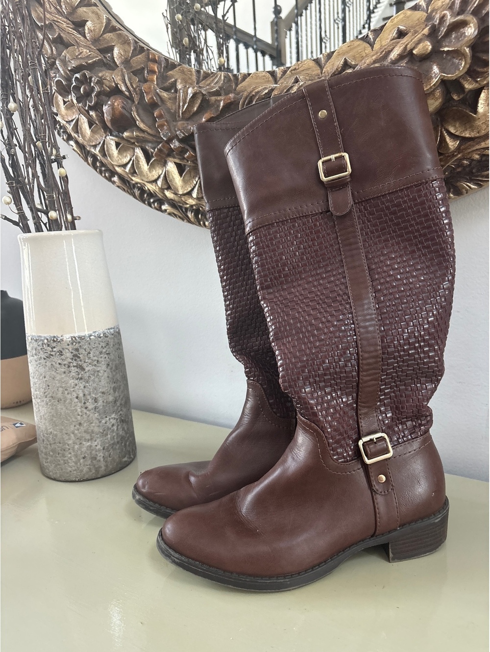 Brown Faux Leather Mid Calf Riding Boots Woven Detail Accents Size 8 Woman